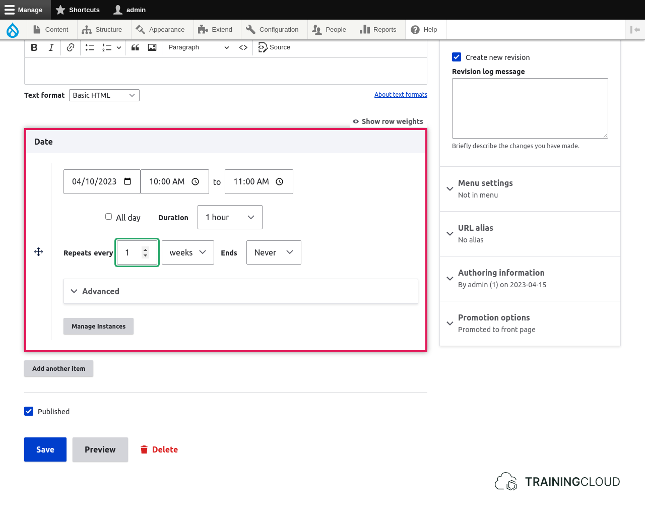 Smart recurring date field on an event node.