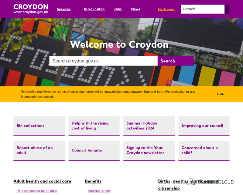 A screenshot of the Croydon council website displaying an LGD Alert Banner.